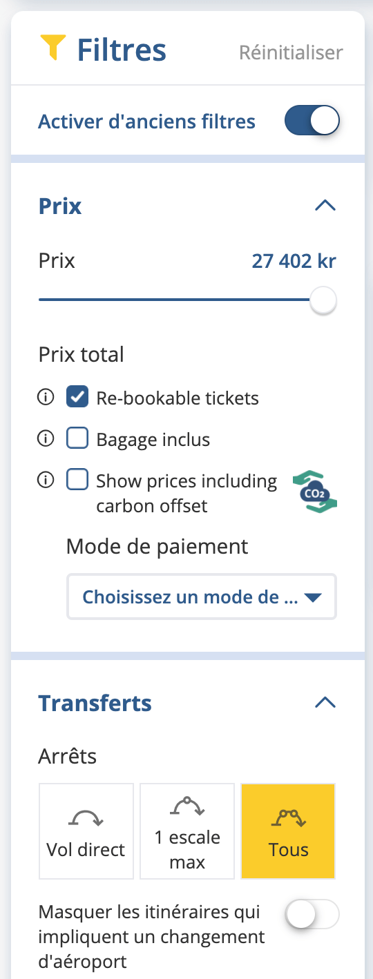 Filtres dans les résultats de recherche