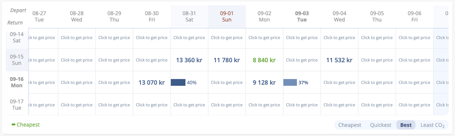 Search result Price calendar
